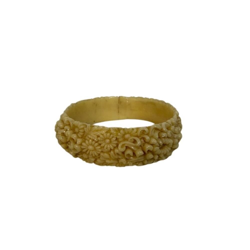 Vintage Floral Cream Celluloid Bangle Bracelet